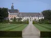 Valloires gardens - Valloires Cistercian abbey, rose garden and path lined with lawns