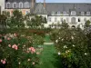 Valloires gardens - Rose garden, trees and Valloires Cistercian abbey
