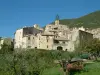 Venterol - Olive trees, shrubs, church tower and houses of the village, in Drôme provençale