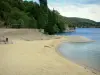 Villefort lake - Sandy beach, lake, and trees along the water
