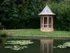 Yerres valley - Gazebo at the waterfront and Yerres river dotted with water lilies, in Brunoy