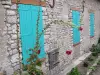 Yèvre-le-Châtel - Stone house with turquoise shutters and trémières roses (Alcea rosea flowers)